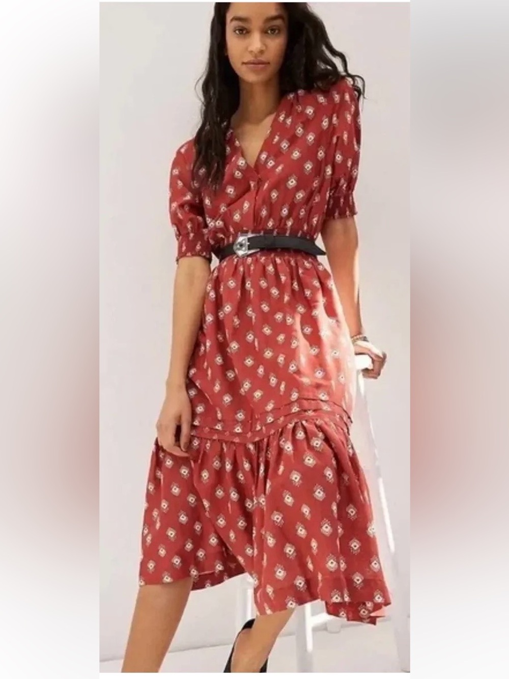 Anthropologie Rust Floral V-Neck Midi boho print Dress -  msrp $168